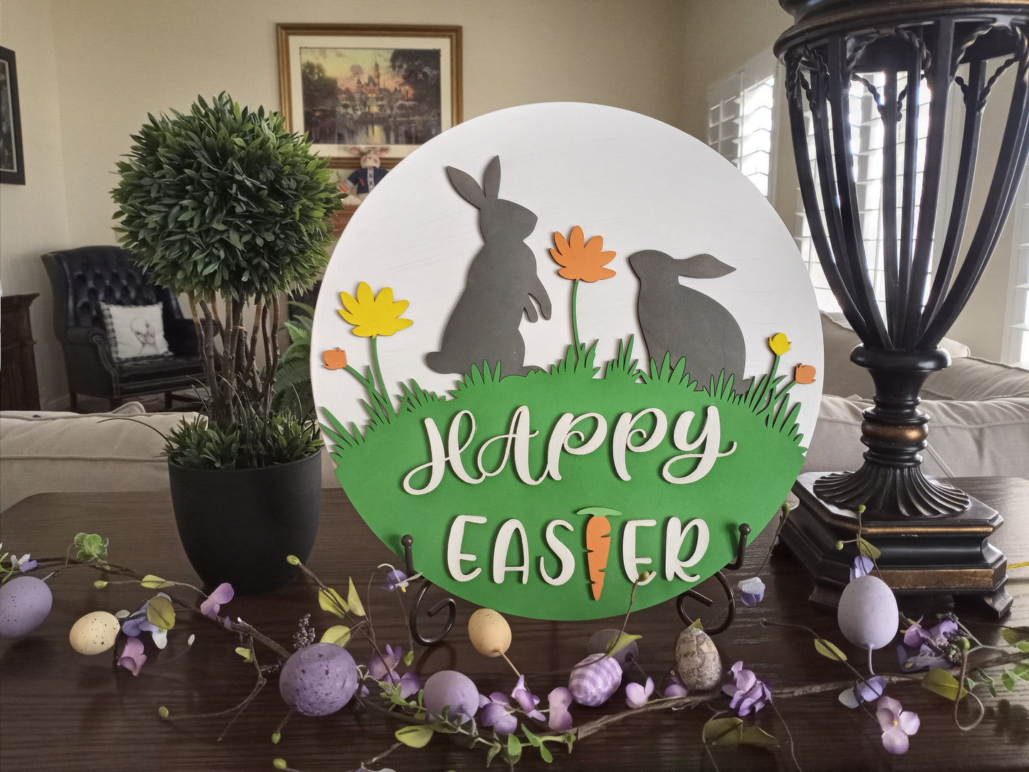 DIY 14" Happy Easter with Two Bunnys Sign